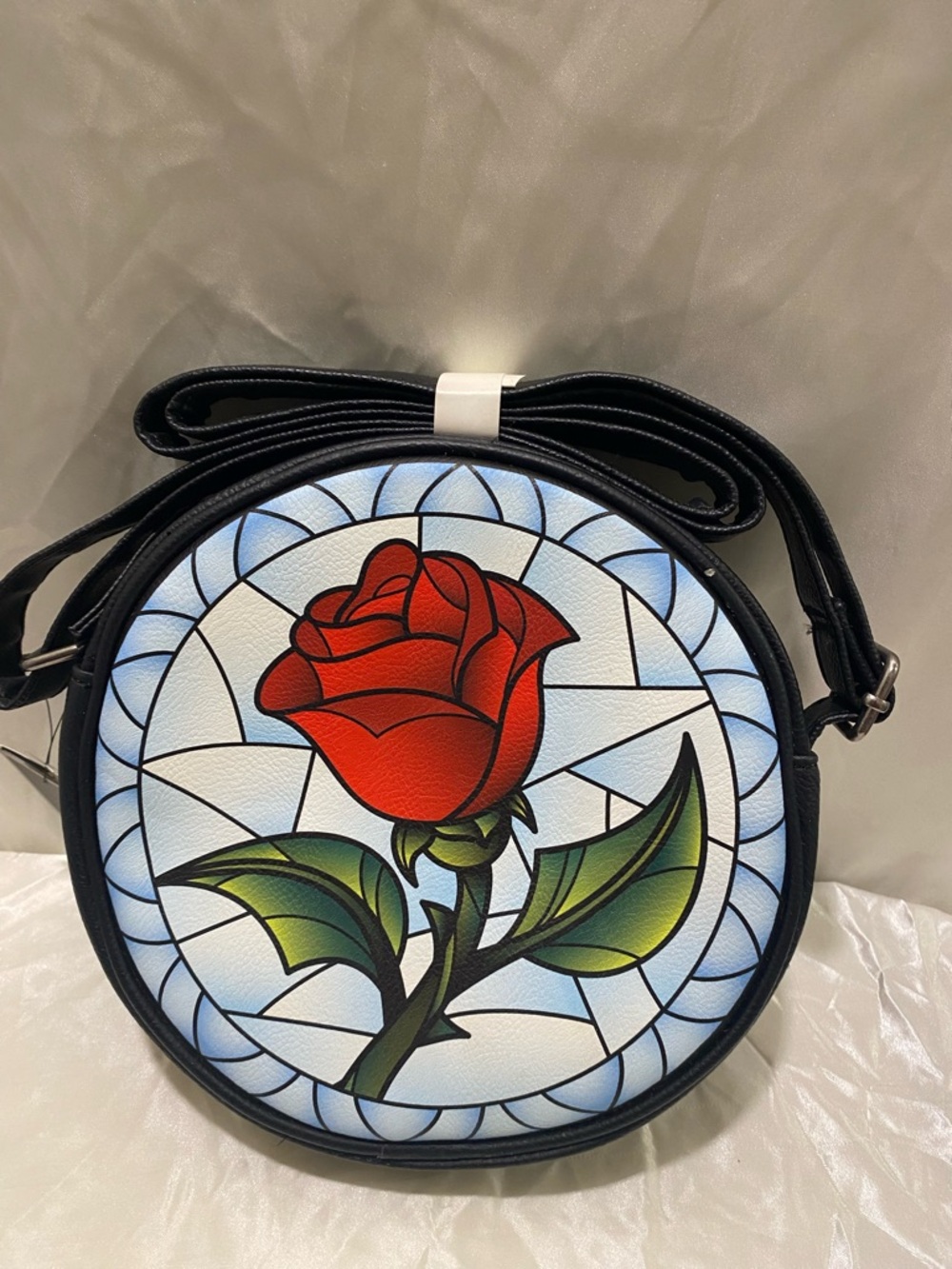 BEAST FASHION Black Round Crossbody Bag with Red Rose Motif